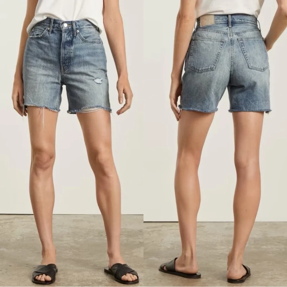 EVERLANE The Jean Cheeky Long Denim Distressed Shorts